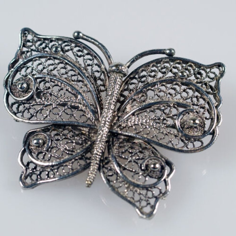 Vintage Silver Tone Filigree Butterfly Pin Brooch
